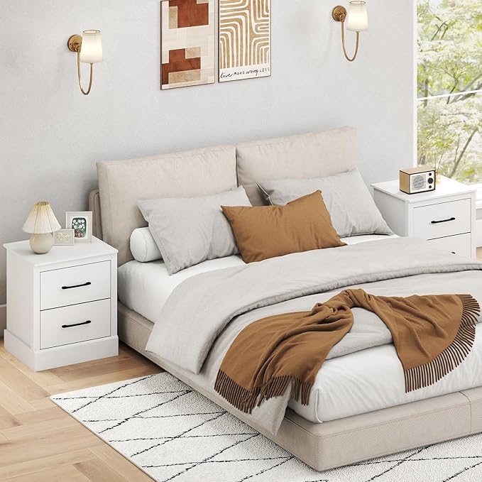 Giantex Modern Nightstand Set of 2, Wood Bedside Table with 2 Storage Drawers, Compact Floor Night Stand End Table, White Accent Sofa Side Table for Bedroom - Image 2