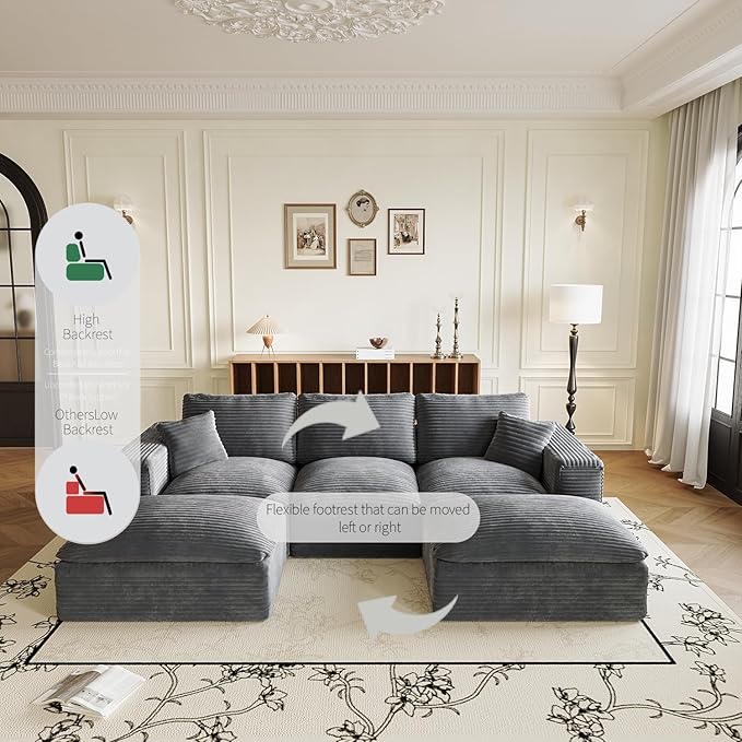 Ball & Cast 108" Cloud Sectional Couches for Living Room,Convertible L Shaped Couch with Deap Seat & Movable Ottoman,3 Seater Modular Sectional Sofa,Free Combination,No Assembly Required,Grey