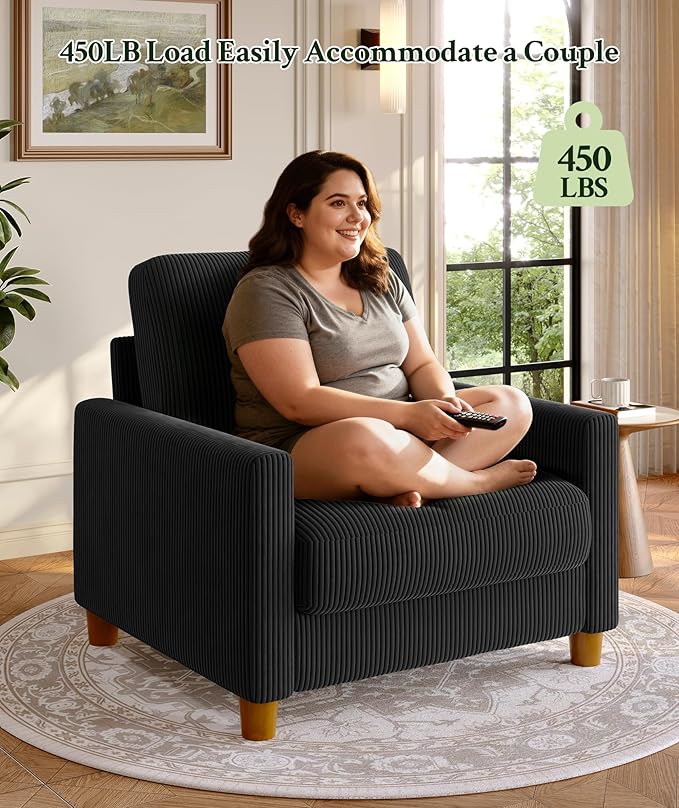 35.3" Couches for Living Room, Comfy Black Couch Single with 22.5" Deeper Seat, Accent Chair Tool-Free Setup, Reading Chair 440lbs Support, Corduroy Couch for Bedroom, Apartment, Office