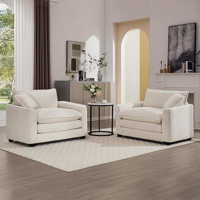 KEIKI 2-Piece Sofa Set with 2 Oversized Corduroy Single Sofa, Upholstered Modern 2-Seater Lounge Accent Chair Set with 2 Pillow, High-Density Foam Cushions, Removable Armrests, for Living Room, Beige
