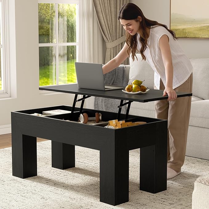 FABATO 41.7'' Lift Top Coffee Table, Wooden Rectangle Coffee Table with Hidden Storage, Large Center Table Adjustable Height Sofa Table for Living Room Office Apartment, Black