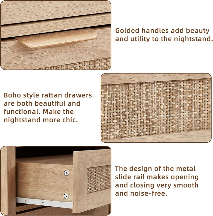 LEYAOYAO 31.5" Wide Rattan Nightstands Set of 2 with Charger Station, Large Boho 3 Drawer Night Stand, Natural Wood Bedside Table with Storage, Bed Side End Tables for Bedroom, Living Room, Hallway - Image 6