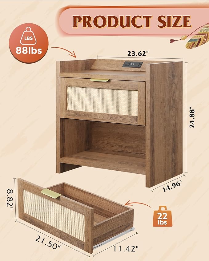 WLIVE Rattan Nightstands Set of 2, Night Stand Sets with Charging Station, Boho Bed Side Table with Storage Drawer and Open Shelf, End Tables Bedroom, Natural Oak - Image 3
