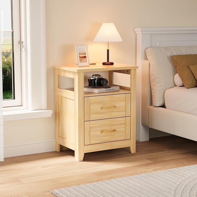 Decofy Farmhouse Nightstand with Charging Station, Modern End Tables with 2 Drawers & Open Shelf, Outlets, USB Ports and Type-C Ports, Wood Rustic Nightstands for Bedroom (2 Pack, Oak) - Image 4