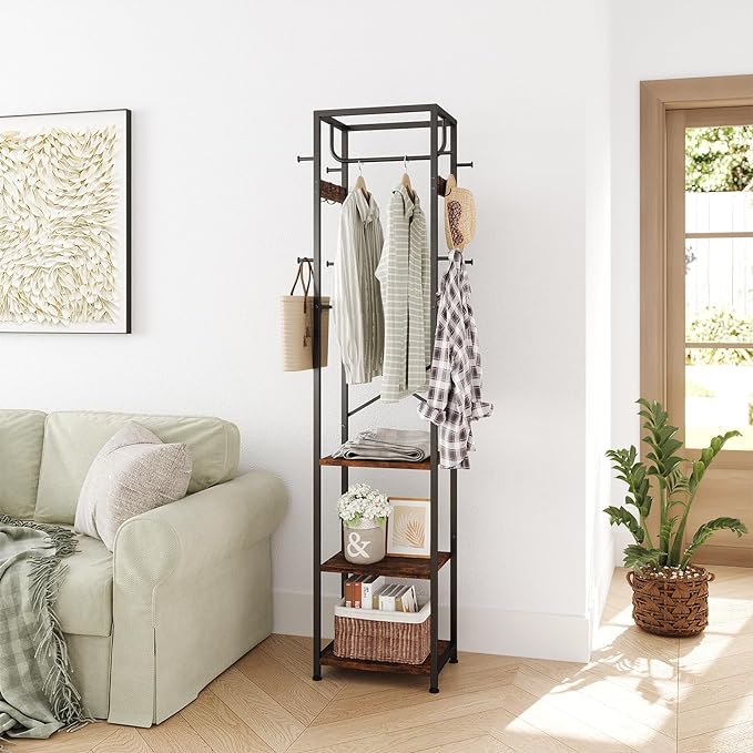 ELYKEN Coat Rack Freestanding, Hall Tree with 3 Storage Shelves and 12 Hooks, Industrial Clothes Rack Stand Organizer for Bedroom, Hallway, Entryway, Office, Living Room, Rustic Brown - Image 6