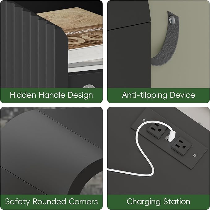 Wodeer Black Nightstand with Charging Station, Mid Century Modern Bedside Table & End Table, Fluted Wood Small Night Stand with 2 Hidden Drawers and Storage Shelf for Bedroom - Image 7