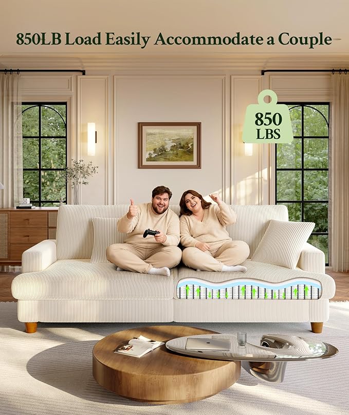 87.2" Couches for Living Room, Comfy Beige Couch 7.5" Extra Thick Cushion, Sofas for Living Room Tool-Free Setup, Loveseat Sofa 848lbs Support, Corduroy Couch for Bedroom, Apartment, Office