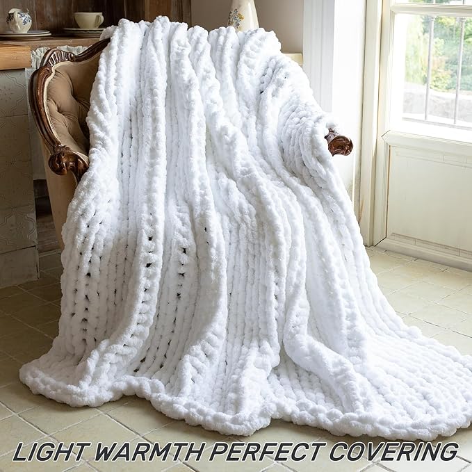 Chunky Knit Blanket - Luxury Soft Cozy 60 * 80 Throw Blanket,100% Woven Blanket Rope Knot Throw Blanket for Couch, Sofa, Home Decor, Gift - Machine Washable (White, 60 * 80)