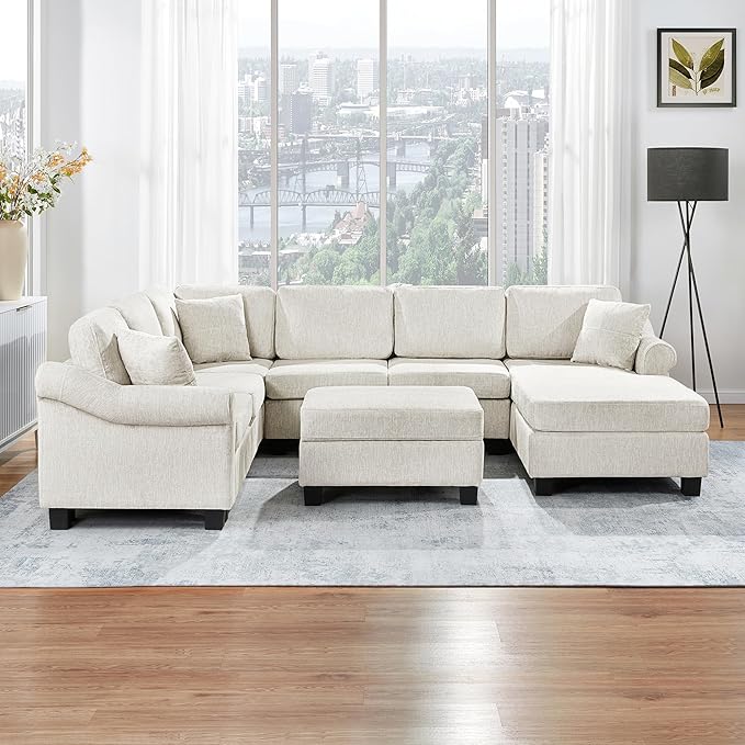 ERYE 112" U-Shaped Sectional Sofa with Movable Storage Ottoman, Oversized Chenille Upholstered Corner Modular Sofa Couch W/Right Facing Chaise Lounge and 3 Toss Pillows