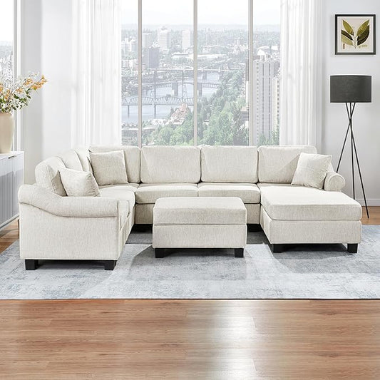 ERYE 112" U-Shaped Sectional Sofa with Movable Storage Ottoman, Oversized Chenille Upholstered Corner Modular Sofa Couch W/Right Facing Chaise Lounge and 3 Toss Pillows