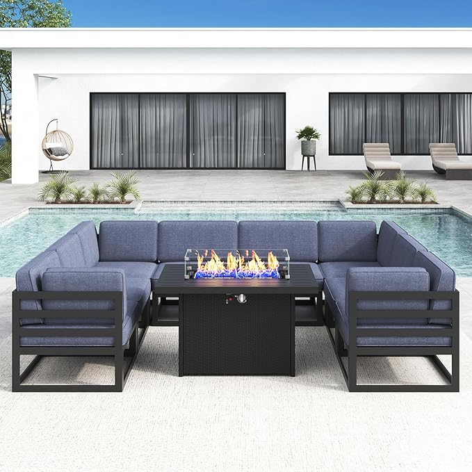 LayinSun Large Aluminum Patio Furniture Set with Fire Pit Table, 9 Pieces Modern Outdoor Conversation Set Sectional Metal Sofa Set with Olefin Cushion