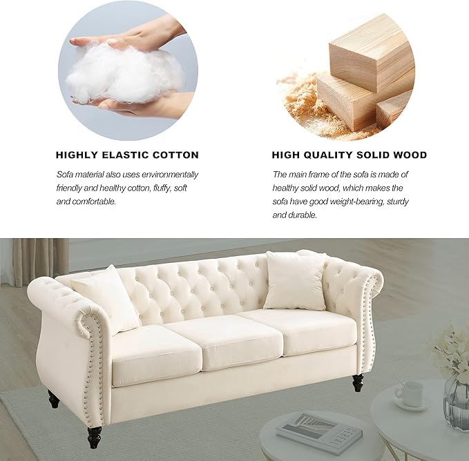 KEIKI Chesterfield Sofa, Retro Style Upholstered 3 Seater Velvet Couch with Rolled Arm for Living Room Bedroom Office Apartment, Beige