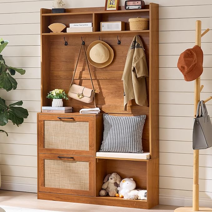 LEYAOYAO 78" Tall Boho Hall Tree with Bench & Shoe Storage, 4-in-1 Mudroom Coat Rack with 2 Flip Rattan Drawers & Cushioned Stool, Entryway Hall Tree Cabinet with 6 Hooks for Garage, Tea Brown - Image 2