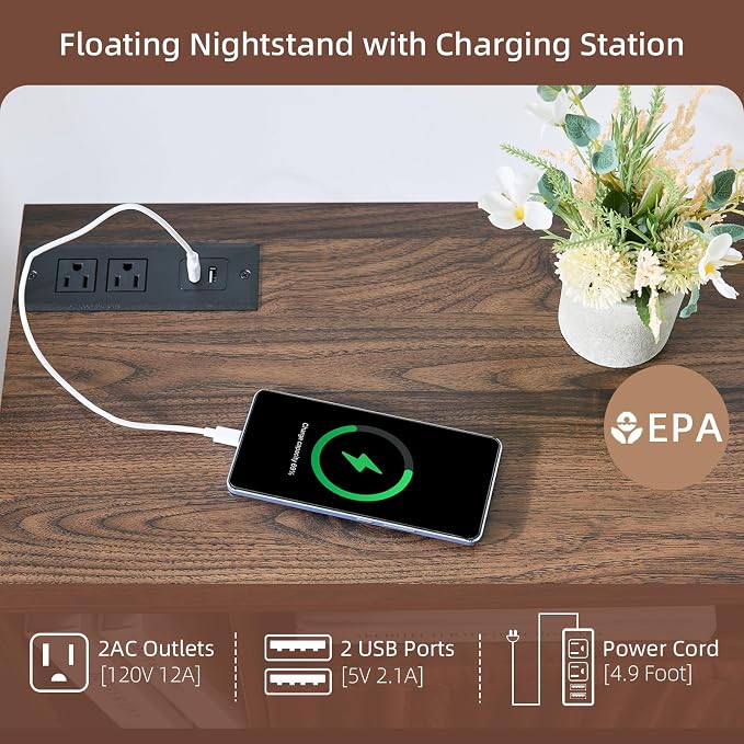 BuildHom Floating Nightstand with Charging Station, Walnut Fluted Wall Mounted NightStand with Drawers, Bedside with USB Ports and Outlets, Bedroom Furniture (Set of 2) - Image 7
