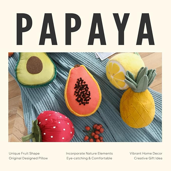 Phantoscope Papaya Shaped Throw Pillow, Fruit Themed Cushion for Couch, Bed and Chair, Pink, 10 x 15 inches