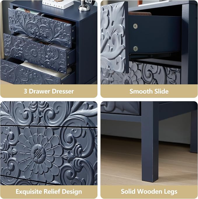 weselon 3 Drawer Flower Motif Dresser, Accent Dresser Chest with 3 Drawers, Luxury Nightstands Set of 2 for Bedroom, Small Wide Nightstand for Living Room, Bedroom, Entryway (2, Gray Blue) - Image 5