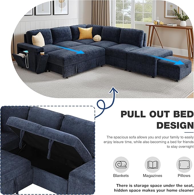 ERYE L-Shaped Multifunctional Sleeper Sectional with Hidden Storage and Cupholders, Modern Pull Out Sleeper Convertible Sofa Bed W/Storage Chaise, Ottoman, USB-C Ports