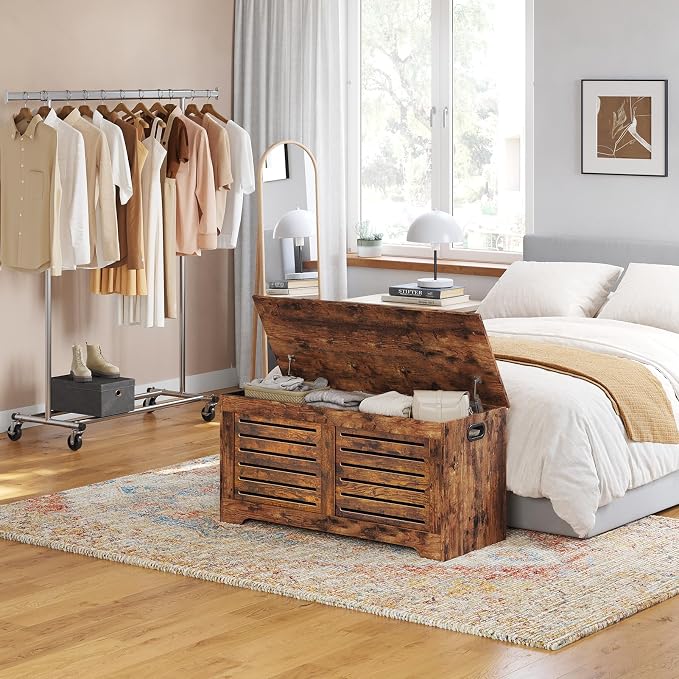 DINZI LVJ Storage Chest, 43.3” Wooden Toy Box with 2 Safety Hinges, Retro Entryway Shoe Storage Bench with Flip-Top, Sturdy Large Storage Trunk for Living Room, Bedroom, Easy Assembly, Rustic Brown - Image 5