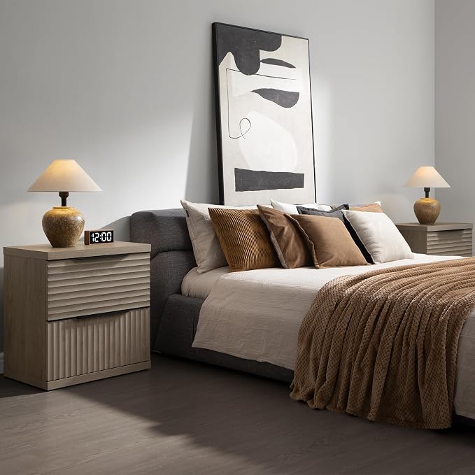 SICOTAS Large Night Stand - 22 Inch Wide Nightstand with 2 Storage Drawers, Modern Fluted Bedside Tables for Bedroom, Tall Nightstands Mid Century Bed Side End Table, Grey Alder - Image 4