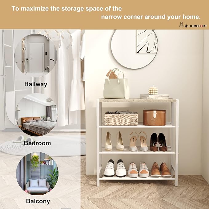 HOMEFORT 4-Tier Shoe Rack, Modern Industrial Shoe Storage Tower, Narrow Shoe Organizer for Closet Entryway, Small Shoe Rack Table with Durable Metal Shelves and MDF Top, White Oak - Image 8