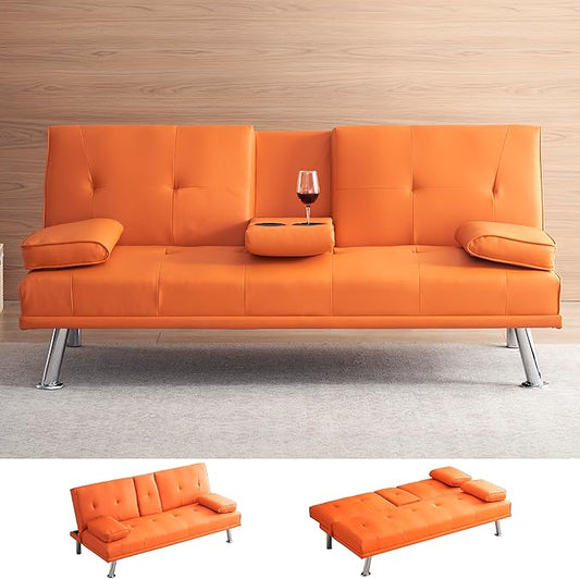 KEIKI 67" Leather Folding Futon Sofa w/Cup Holder & Adjustable Backrest, Mid Century Modern Couch Loveseat Convertible to Sleeper Bed, Comfy Cloud Couch SofaBed for Living Room & Bedroom, Orange
