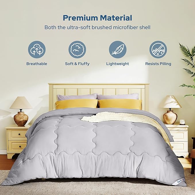 BEDLORE Queen Comforter Duvet Insert - All Season Down Alternative Quilted Bedding, Ultra Soft Lightweight with 4 Corner Tabs, Machine Washable Queen Size Bed Comforter, Light Grey 88 x 88 Inches