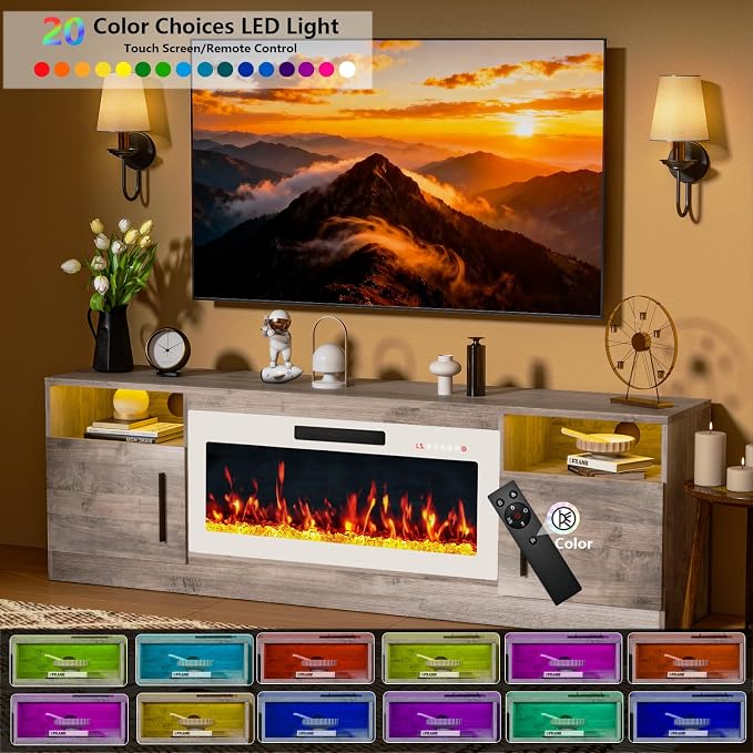 PRETZI Fireplace TV Stand with 36" Fireplace Up to 80" TVs, 70" Entertainment Center with LED Lights,Remote Control, TV Media Console with Storage Cabinets for Living Room,White+Grey - Image 5