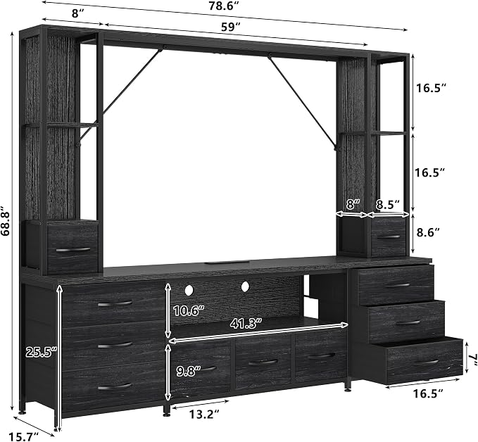EnHomee 65" TV Stand for Living Room, Large Entertainment Center with 11 Fabric Drawers, 2 LED Lights & Power Outlets, Modern Dresser with Storage Shelves, Wall Unit for Bedroom, Black - Image 2