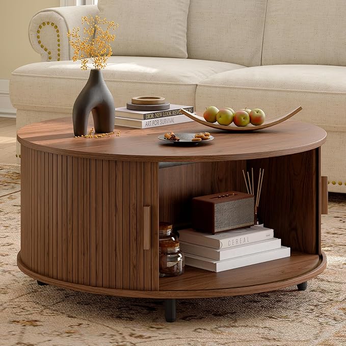 31.5 Inch Round Coffee Table, Mid-Century Modern Coffee Table wtih Storage, Fluted Coffee Table with Adjustable Footpads, 360° Rotating Sliding Door, Center Table for Living Room (Walnut)