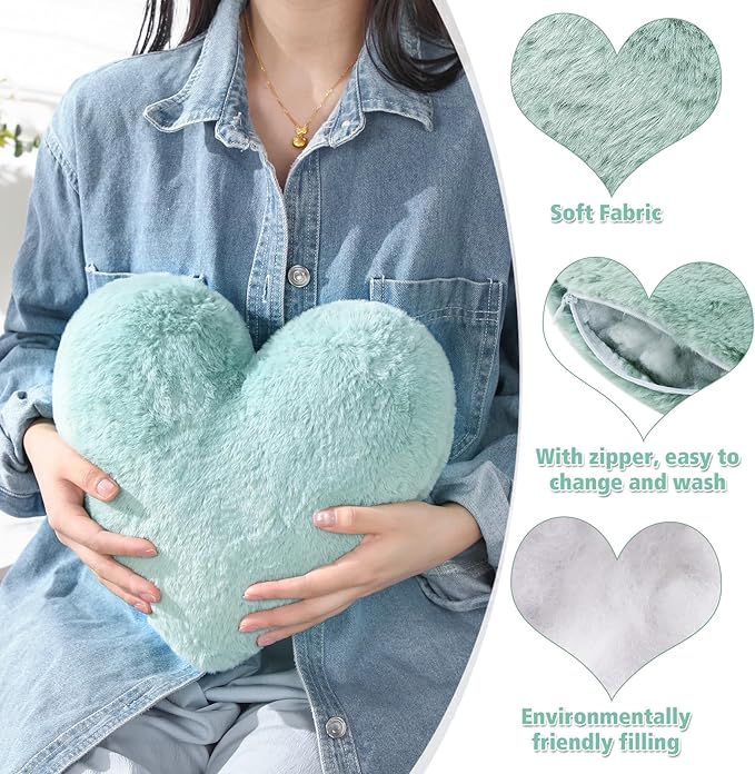 Marsui 2 Pcs Heart Throw Pillows, Soft Fluffy Faux Fur Decorative Hearts Shaped Pillows for Living Room Sofa Bed, Cute Heart Themed Gift for Women(Sage Green,11.81 x 11.02 Inch)