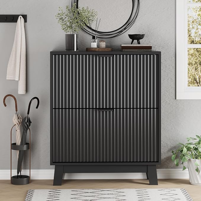 Xixini Shoe Cabinet with 2 Flip Drawers, 37" Tall Narrow Fluted Shoe Storage Organizer for Entryway, Hidden Slim Wooden Shoe Rack Cabinet for Front Door Entrance, Hallway, Living Room, Solid Black - Image 7