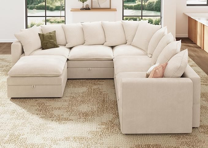 HONBAY Modular Sectional Sofa, 6 Seat U Shaped Corduroy Couch with Storage & Pillows, Convertible Sectional Couches for Living Room, Beige