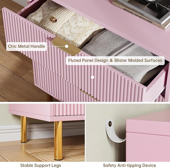 GarveeHome Pink Dresser, Modern 3 Drawer Dresser for Bedroom with Gold Handle and Large Drawer, Wood Double Chest of Drawers and Storage Organizer for Living Room, Hallway, Entryway - Image 6