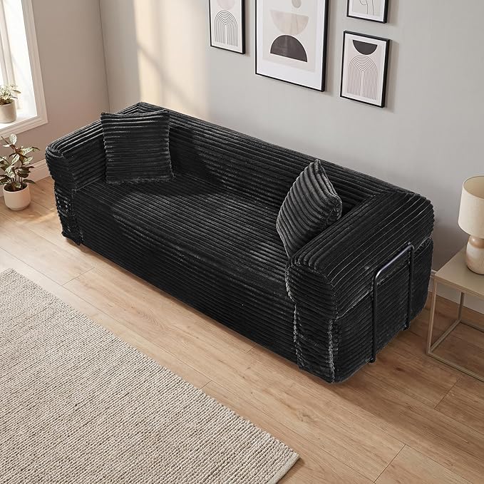 83'' Boneless Couch in A Box, No Assembly Needed Sofa Bed Couch 3 Seater Corduroy Modern Cloud Sofa 29'' Deep Seat with 2 Pillows & Removable Backrest for Living Room, Bedroom, Apartment, Black | No Assembly Needed, High Density Foam, Removable Backres...