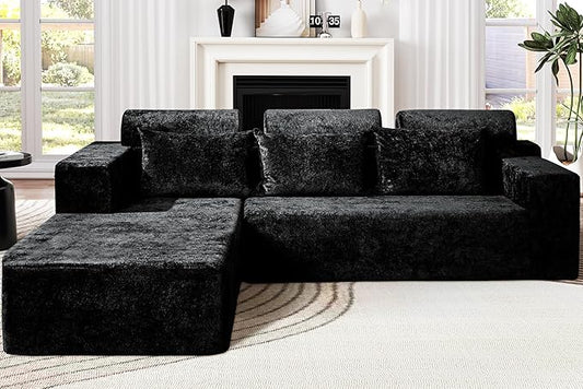 Homguava Modular Sectional Couches for Living Room,105" Cloud Couch with L-Shape Chaise,Comfy Sofa Living Room Couch with Deep Seat,No Assembly L Couch,Luxury Distressed Velvet(Black,L)