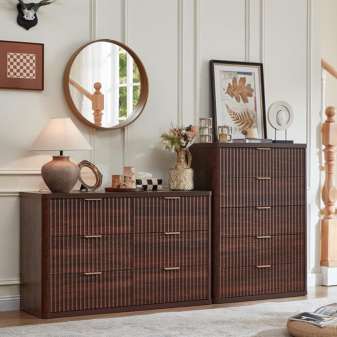 LEYAOYAO Fluted 5 Drawers Dresser for Bedroom, 41" Tall Modern Chest of Drawers with Metal Handle, Curved Profile Farmhouse Closet Organizer Wood Dressers TV Stand for Living Room, Hallway, Walnut - Image 8