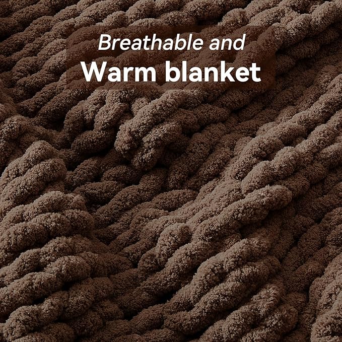 Negwoo Chunky Knit Throw Blanket, 40''*50'' Knitted Throw Chenille Yarn for Bed Couch, Handmade Dark Brown Crochet Big Thick Blanket, Machine Washable Cute Comfy Blanket for Home Decor