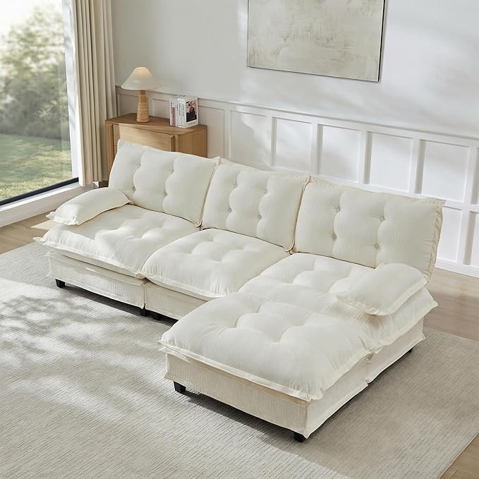 108" Oversized L Shaped Modular Sectional Sofa with Reversible Ottoman, Comfy Chenille Upholstered Cloud Couch 4-Seater Sofa Set for Living Room, Apartment, Office | Free Combination, Tufted