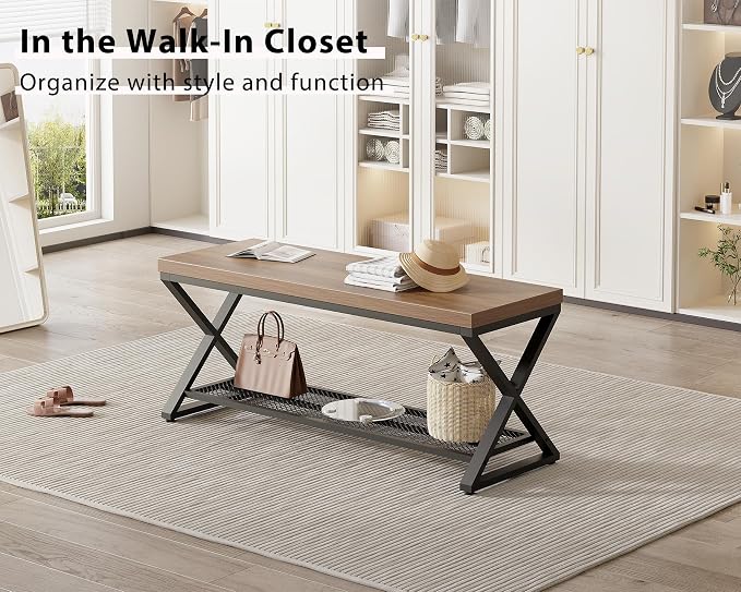 LVB Entryway Shoe Bench with Storage, 39” Entryway Bench for Foyer Hallway, Farmhouse Wood and Metal Indoor Bench for Entrance, Shoe Rack Storage Bench with Sitting for Living Room, Rustic Oak, 39 in - Image 9