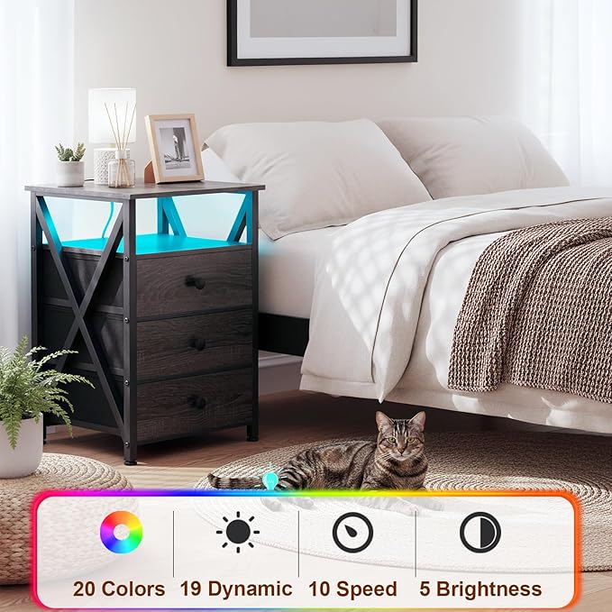 AMHANCIBLE Night Stand Set 2, LED Nightstand with Charging Station, End Side Tables with USB Port & Outlet, Bedside Table with Fabric Drawers for Bedroom, Dark Grey, HET053LDG - Image 5