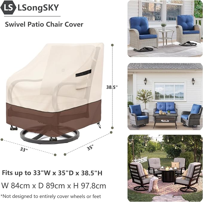Outdoor Swivel Chair Cover 2 Pack,100% Waterproof Heavy Duty Patio Chair Covers,(33 W x 35 D x 38.5 H inches) Swivel Patio Chair for Outdoor Furniture Covers Waterproof,Beige&Brown - Image 3