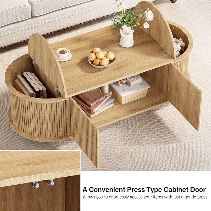 HSH Farmhouse Oval Coffee Table with Storage, 47” Modern Coffee Table with Press Type Door, Fluted Living Room Tables with 2 Flip-Top Hidden Lids, Wood Center Table for Living Room, Office Oak