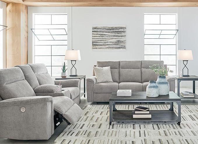 Signature Design by Ashley Barnsana Minimalist Power Reclining Loveseat with Console and USB Charging Ports, Light Gray