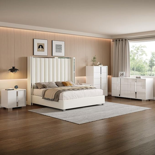 AMERLIFE 5-Piece Modern Bedroom Sets with Queen Size Upholstered Platform Bed Frame, 58" Wingback Headboard, Spacious 6-Drawer Dresser, Tall Chest, and 2 Coordinated Nightstands, Cream and White