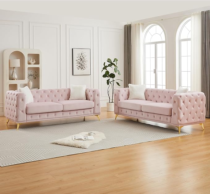 KEIKI 2-Piece Luxury Chesterfield Sofa Set with 2 Velvet 3-Seater Sofa, Mid-Century 6-Seater Tufted Buttons Couch Set with 4 Pillows & High-Density Foam Cushions, Easy Assembly, for Living Room, Pink