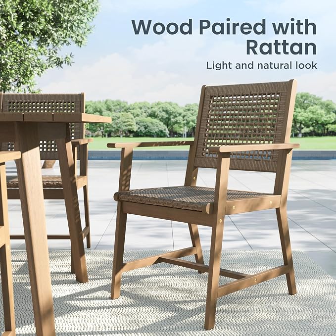 PHI VILLA Outdoor Acacia Wood Chairs Set of 2, Patio Dining Armchairs with Wicker Back & Seat, Farmhouse Style Teak Seating Furniture for Deck Yard Balcony Garden - Light Brown - Image 3