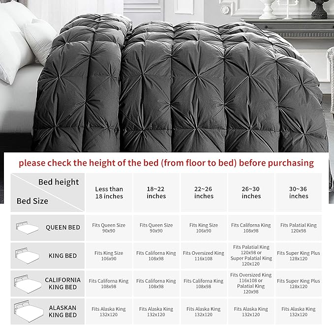 HOMBYS 116x108 Oversized King Feather and Down Comforter, Pinch Pleat Palatial King Duvet Insert with 100% Cotton Cover, Grey Fluffy Thick Comforter with Corner Tabs for All Season Warmth