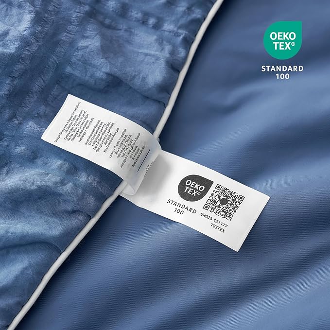 Cozy Bliss Cooling Comforter Seersucker Plaid King Size, Q-Max 0.45 Lightweight Cooling Blanket, Breathable Silk Smooth Summer Bedding Quilt for Hot Sleepers Night Sweats Denim Blue