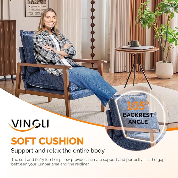 VINGLI Mid-Century Modern Cloud Accent Armchair with Lumbar Pillow, 6.3'' Thick Seat Cushion Comfy Reading Chair with Wooden Armrests，Boho Lounge Chair for Bedroom, Living Room, Chenille, Gray-Blue