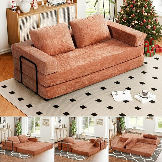 Convertible Sofa Bed, 4-in-1 DIY Combination Boneless Sleeper Sofa Bed with Pillows, Comfy Modular Couch with Fixed-Shape Frame, Chenille Convertible Lounge Couch for Living Room, Orange